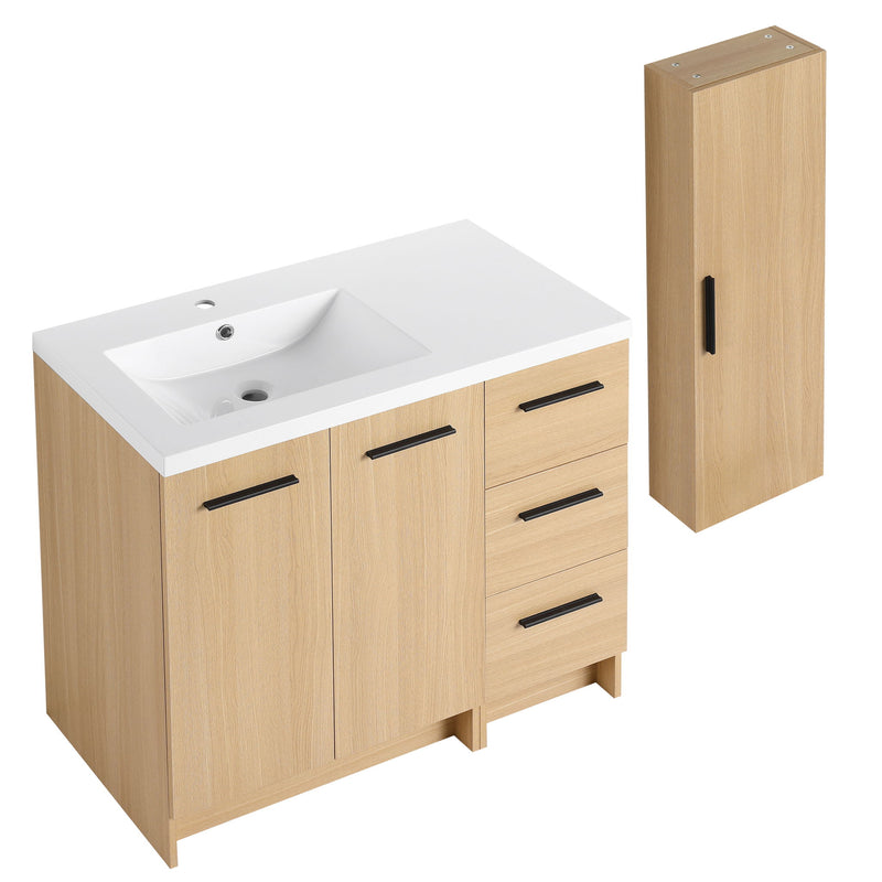 Freestanding Bathroom Vanity Set With Tall Linen Cabinet, 3 Drawers And Large Storage, Single Sink
