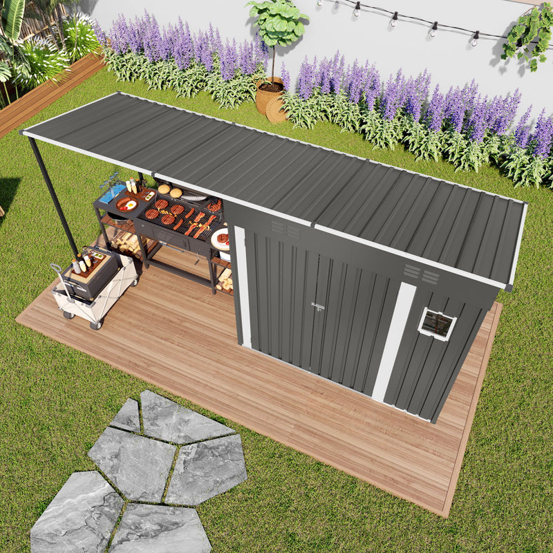 Lean To Shed With Open Sided Pergola, Outdoor Storage Shed & Attached Hardtop Gazebo Combo - Gray