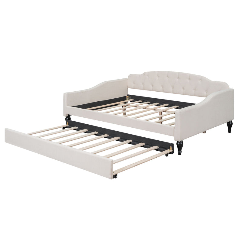 Upholstered Tufted Full Size Daybed With Twin Trundle - Beige