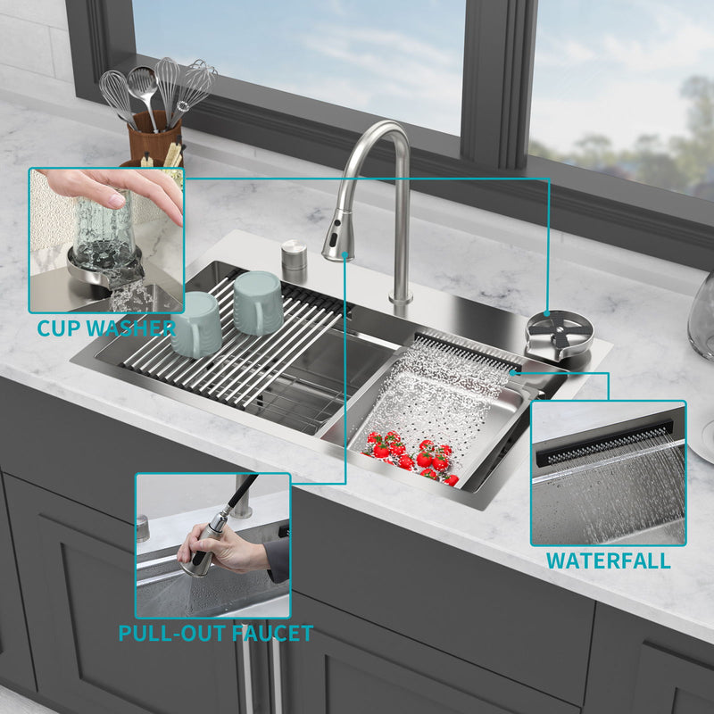 Drop In Waterfall Kitchen Sink With Pull Out Faucet & Cup Washer