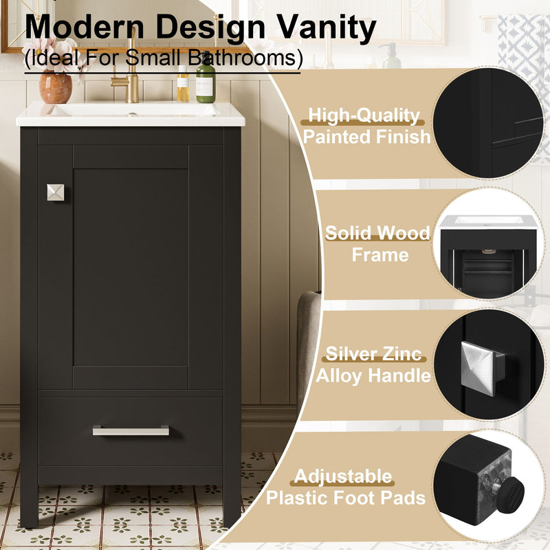Bathroom Vanity With Ceramic Sink, Soft Close Drawers, Door Organizer, Divider Drawer, Adjustable Foot Pads