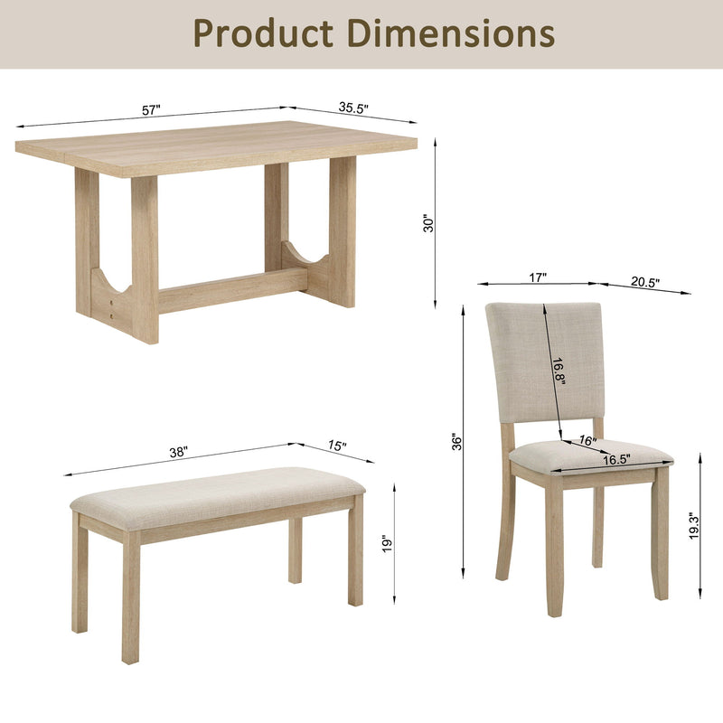 6 Piece Rectangular Kitchen Table Set With Bench And 4 Upholstered Chairs For Kitchen - Light Oak