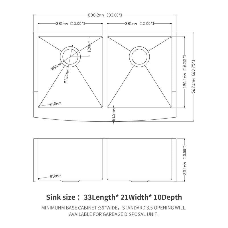 Double Bowl Farmhouse Sink, Stainless Steel Apron Front Kitchen Sink 16 Gauge - Brushed Nickel