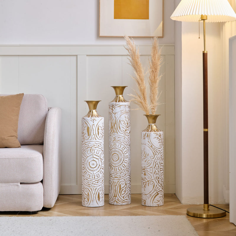 Floor Metal Vases Decorated Metal Vases (Set of 3) Gorgeous Home Decoration Large Glazed Metal Vases - White / Gold