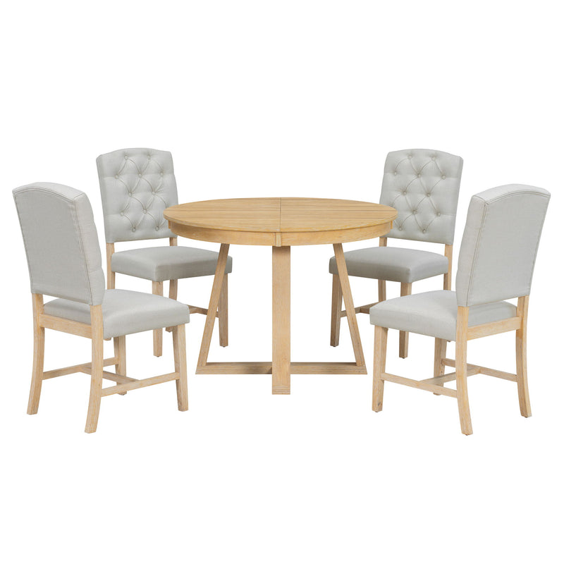 Dining Set With Leaf Round Table And 4 Upholstered Chairs