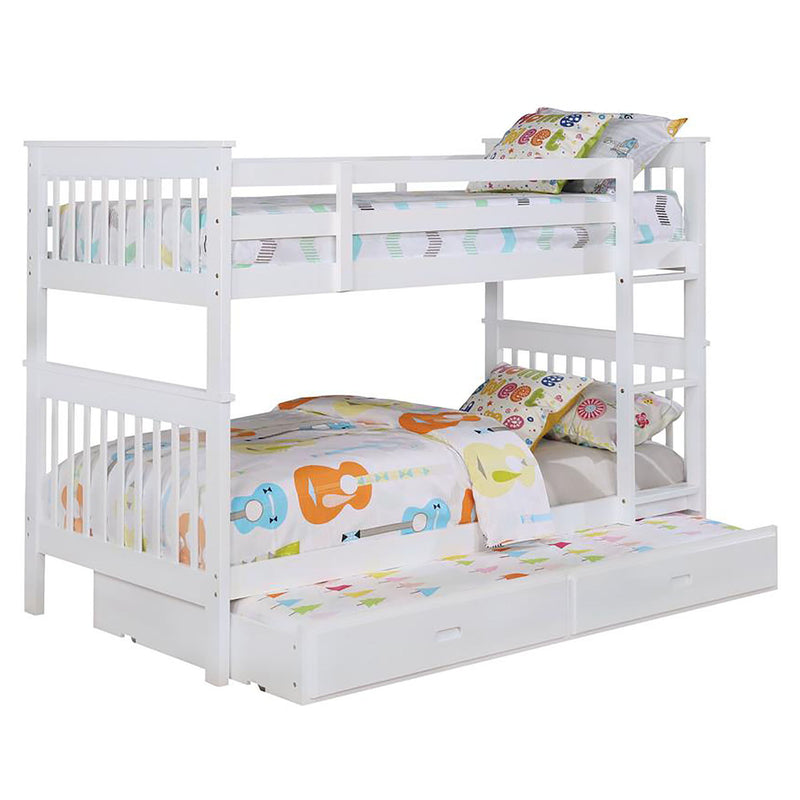 Slatted - Headboard Twin / Twin Bunk Bed With Built In Ladder Design - White