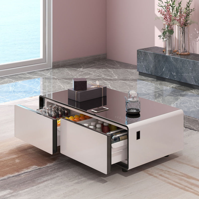 Modern Smart Coffee Table With Built-In Fridge, tooth Speaker, Wireless Charging Module, Touch Control Panel, Power Socket, USB Interface, Outlet Protection, Atmosphere Light