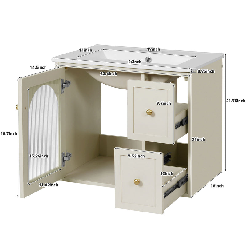 Wall-Mounted Bathroom Vanity Set With Sink, 2 Drawers And Soft-Close Door