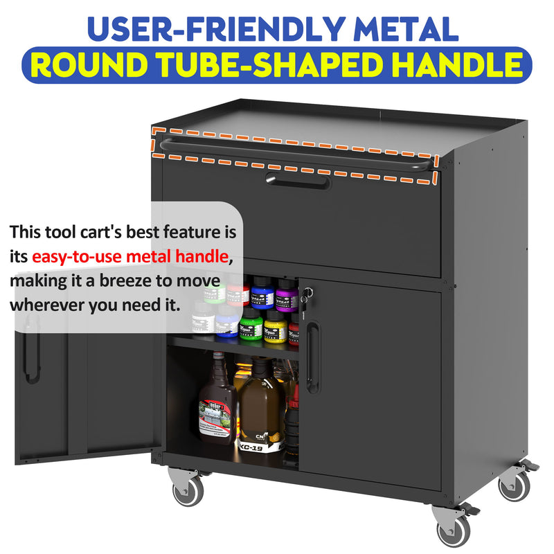 Sturdy And Durable Metal Tool Cabinet For Garage With Wheels Mobile Heavy Duty Storage Cabinet With 1 Drawer And 2 Locking Doors