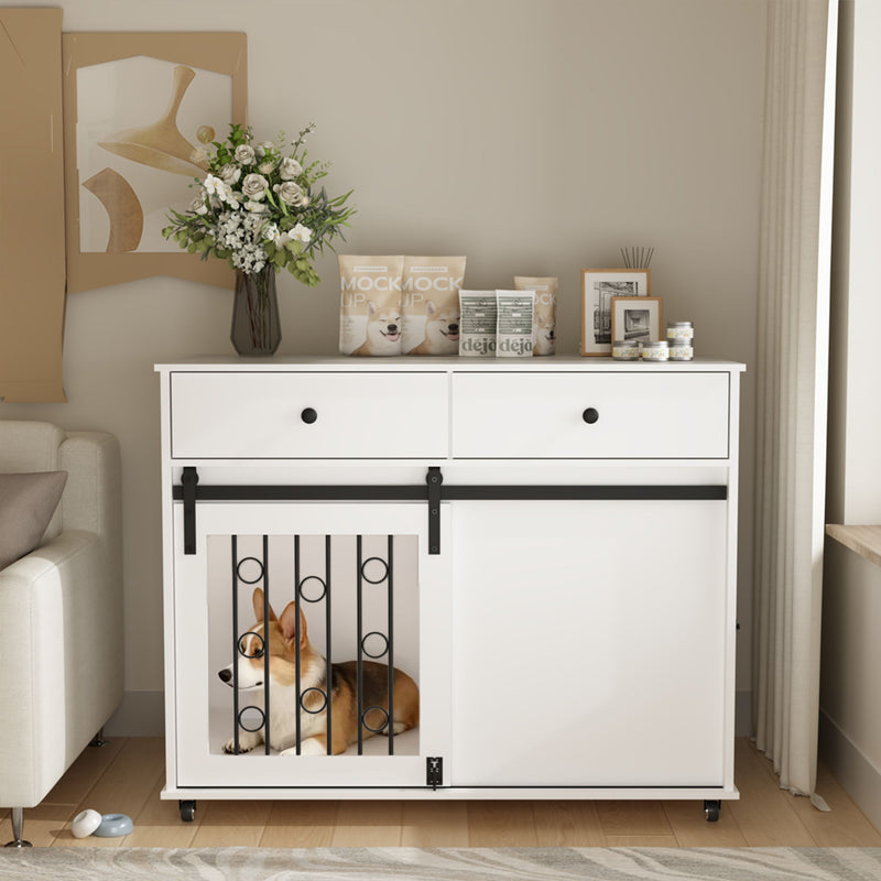 Dog Crate Furniture With Double Drawers And Sliding Barn Door, Pet Kennel For Small To Medium Dogs - White