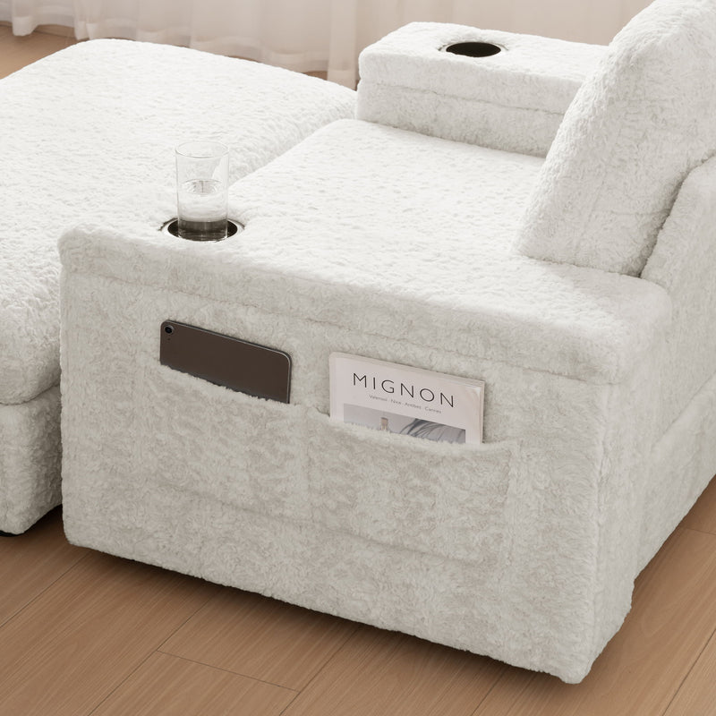 Oversized Chaise Lounge Indoor Rabbit Fur Sofa Bed With Storage Ottoman And Armrests Cup Holders With Deep Seat