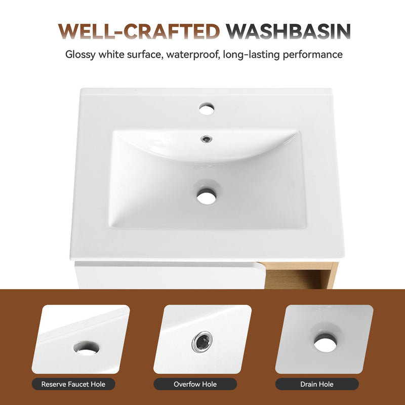 24" Bathroom Vanity With Sink & Side Cabinet, Vanity Set With Thin Edge Sink & Interchangeable Door Panels, Bathroom Storage - Black / Light Oak / White