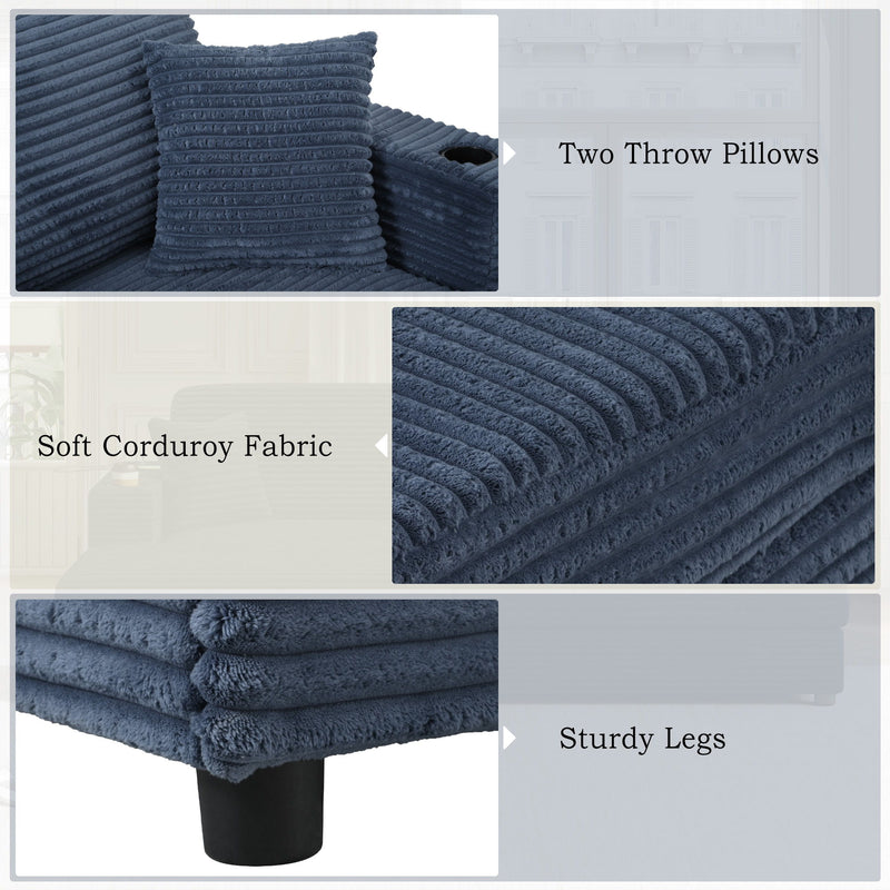 Oversized Loveseat Chaise With 2 USB Ports, 2 Cup Holders And 2 Throw Pillows
