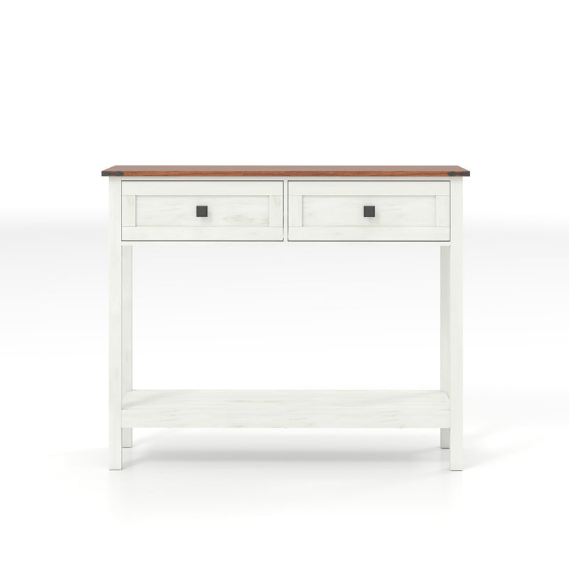 Farmhouse Style Console Table With 2 Drawers And Bottom Storage Shelf