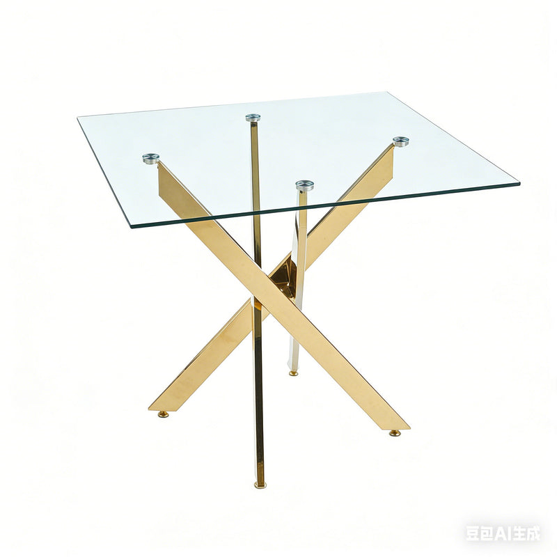 Dining Table With Cross Metal Leg And Tempered Glass, Modern Space Saving Kitchen Table For Living Room Legs, Square Table