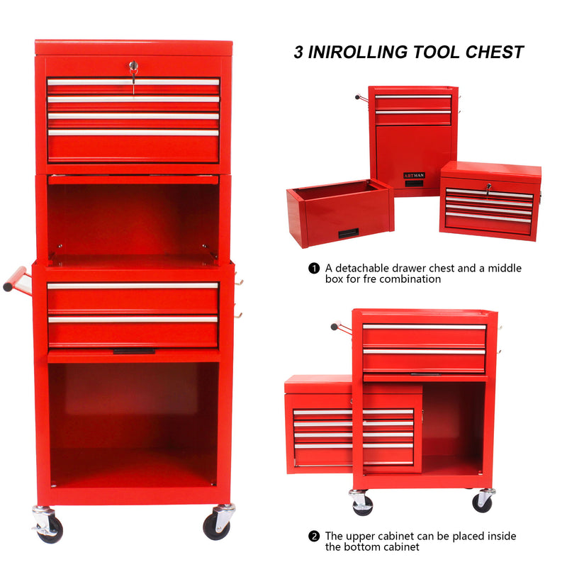 6 Drawer Lockable Tool Cabinet On Wheels, Steel Rolling Tool Chest With Detachable Toolbox