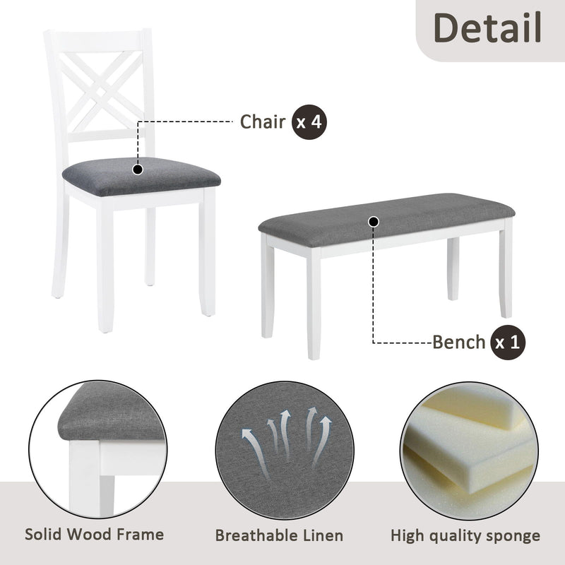 6 Piece Kitchen Dining Set, Rectangular Dining Table With 4 Upholstered Chairs And Bench - Gray / White