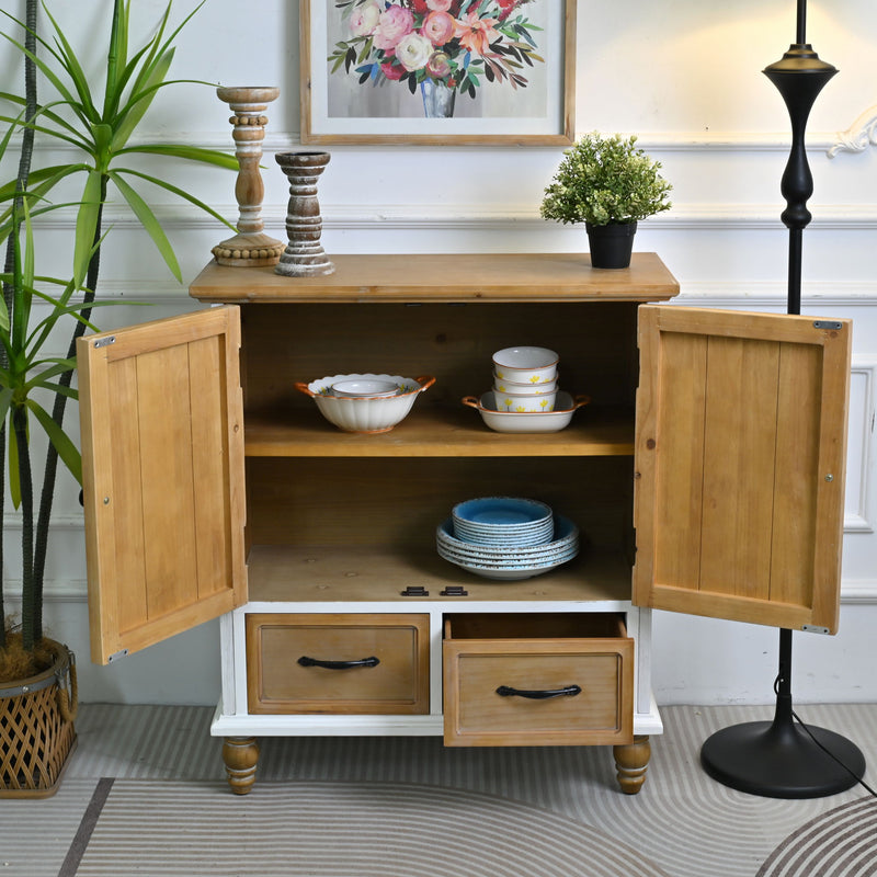 Accent Flower Carved Door Sideboard Cabinet With 2 Drawers For Kitchen - Natural Wood Wash / White