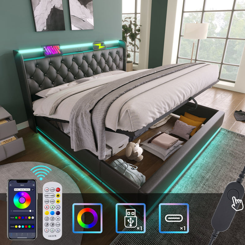 Upholstered Bed, 360 Surround LED Function, Remote Control, Hydraulic Storage Bed With USB, Type-C Charging (Without Mattress)