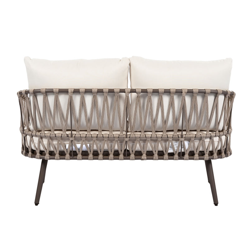 4 Piece Outdoor Patio Furniture Set, Metal Chairs With Woven Rope U Shaped Backrest