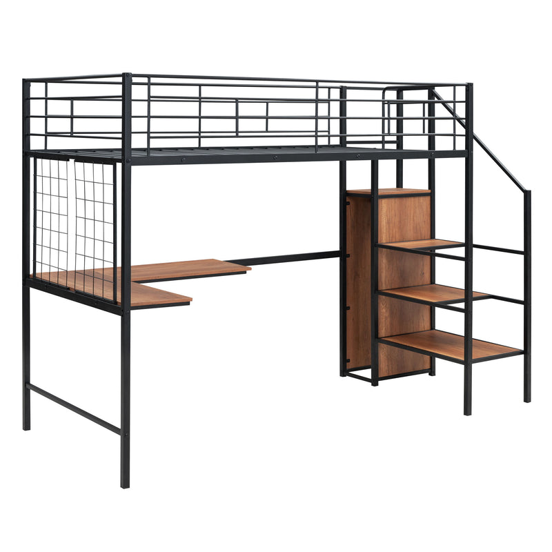 Loft Bed With Desk And Grid, Stylish Frame With Lateral Storage Ladder And Wardrobe