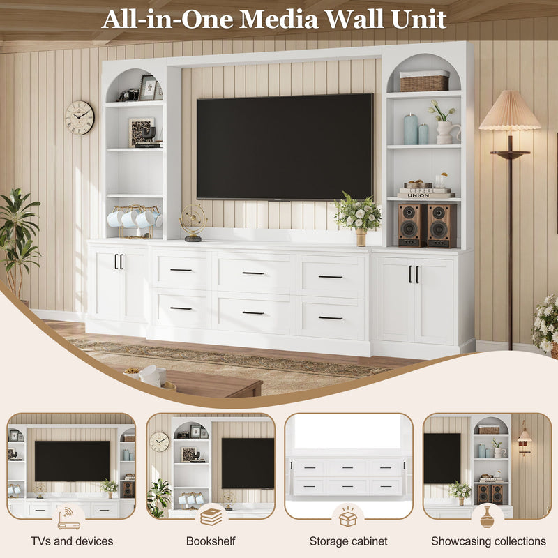 Arched Entertainment Center Wall Unit With 6 Drawers, Large TV Stand With Bookshelves