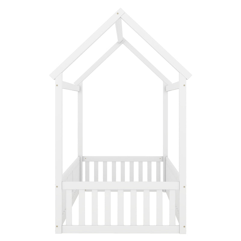 Wood House Bed With Fence And Door