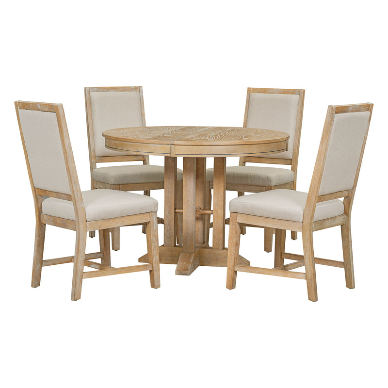 Dining Set & Extendable Round Table And 4 Upholstered Chairs