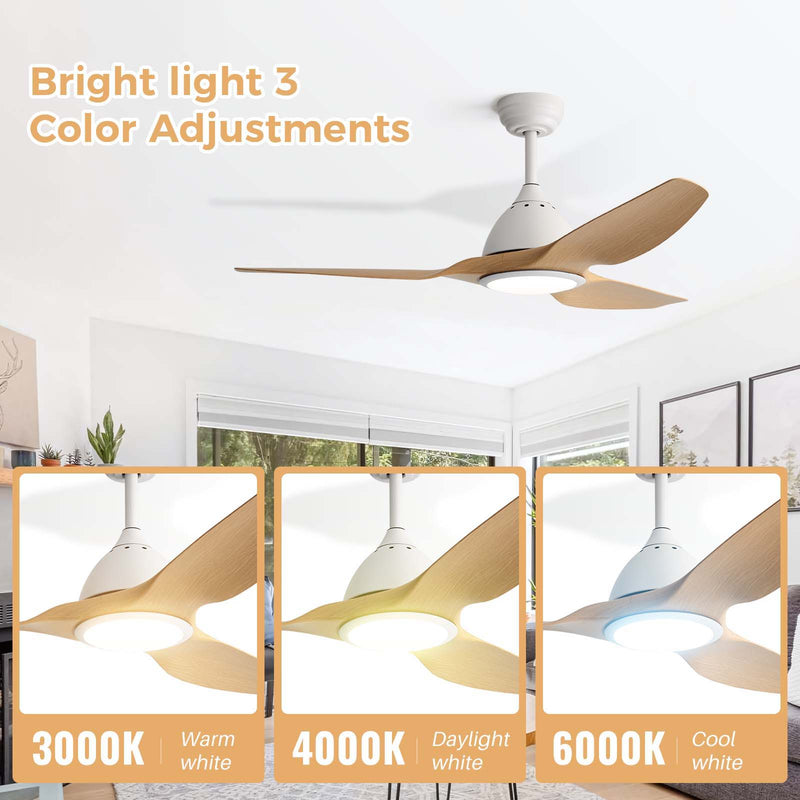 Ceiling Fan With Light 22W 3 Color Dimmable LED Memory Function Ultra Quiet Reversible DC Motor 1H 4H 8H Timer - Matte White