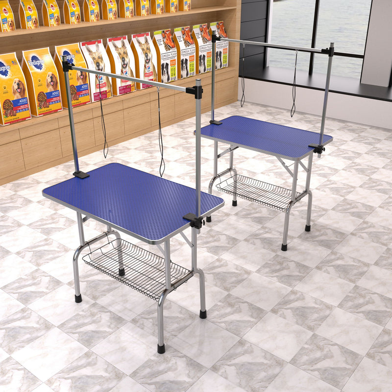 Folding Dog Pet Grooming Table Stainless Steel Frame Rubber Mat On Board With Adjustable Arm And Clamps Pet Dog Cat Grooming Table