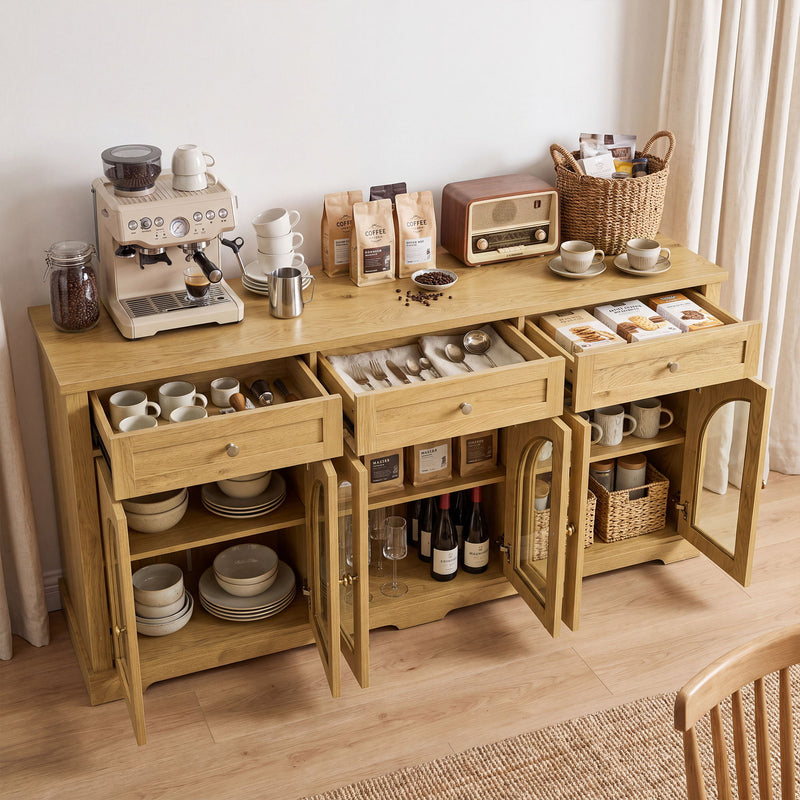 Sideboard Cabinet With 3 Drawers And 6 Arched Glass Doors