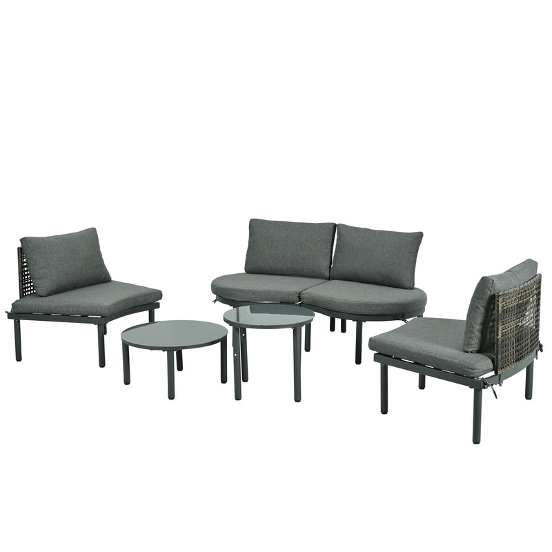 6 Piece Patio Set, Half Moon Outdoor Sectional Sofa With 2 High Low Coffee Tables, 4 Pillows & Cushions