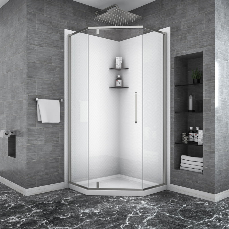 Semi Frameless Neo Angle Hinged Shower Enclosure With Clear Tempered Glass - Brushed Silver