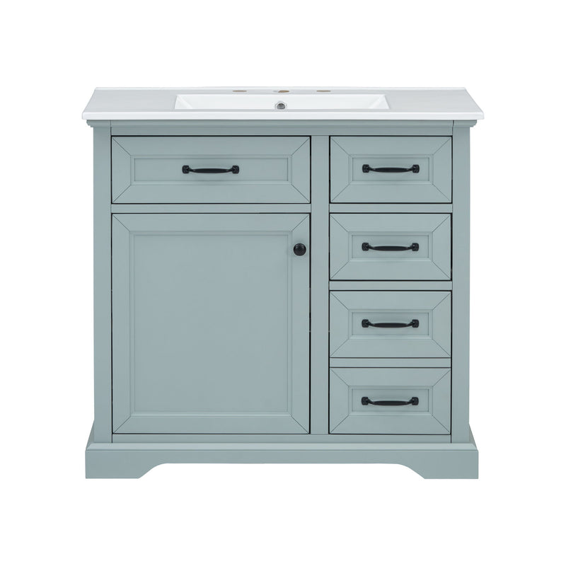 Bathroom Vanity With Ceramic Sink, Freestanding Design, 2 Tip Out Drawers, Soft Close Hinges - Gray