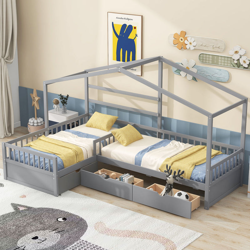 L Shape Platform Bed With 3 Storage Drawers