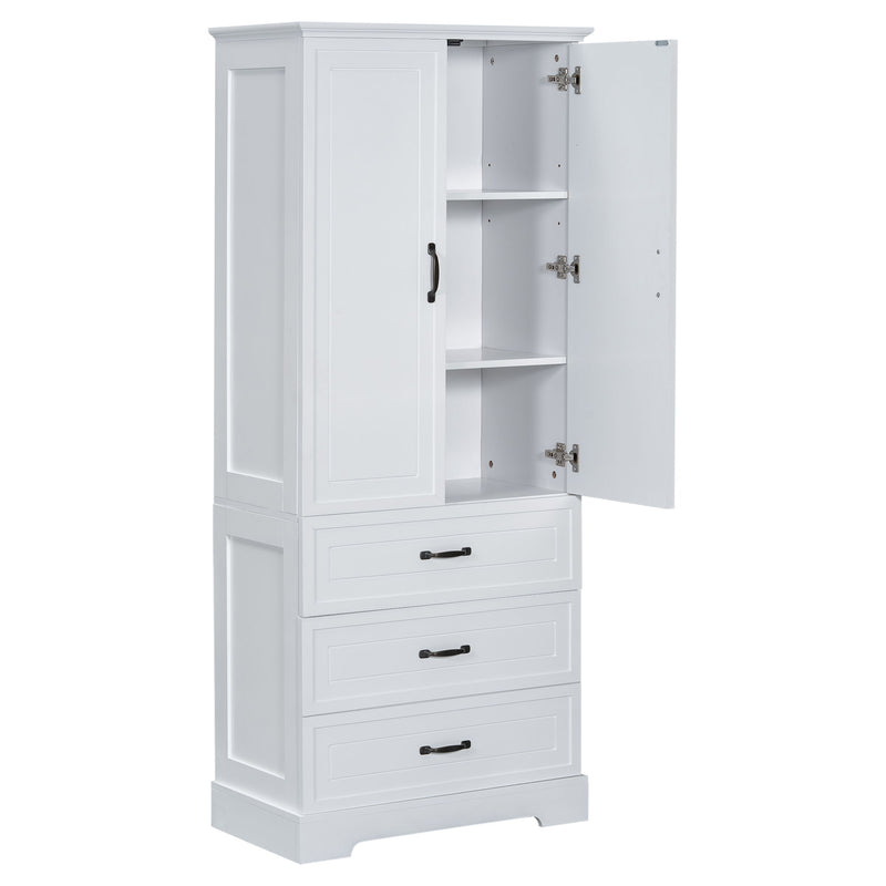 Tall Bathroom Storage Cabinet With 2 Doors And Drawers, Adjustable Shelf - White