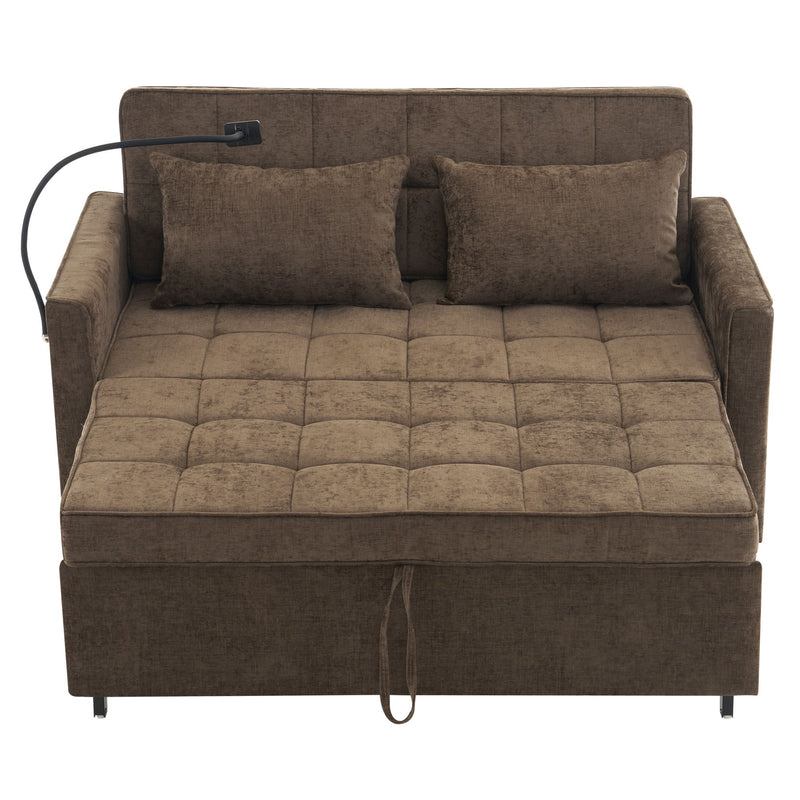 Pull-Out Sleeper Sofa With Reversible Backrest Cushion, Side Pockets, 2 USB Ports And A Phone Holder For Living Room