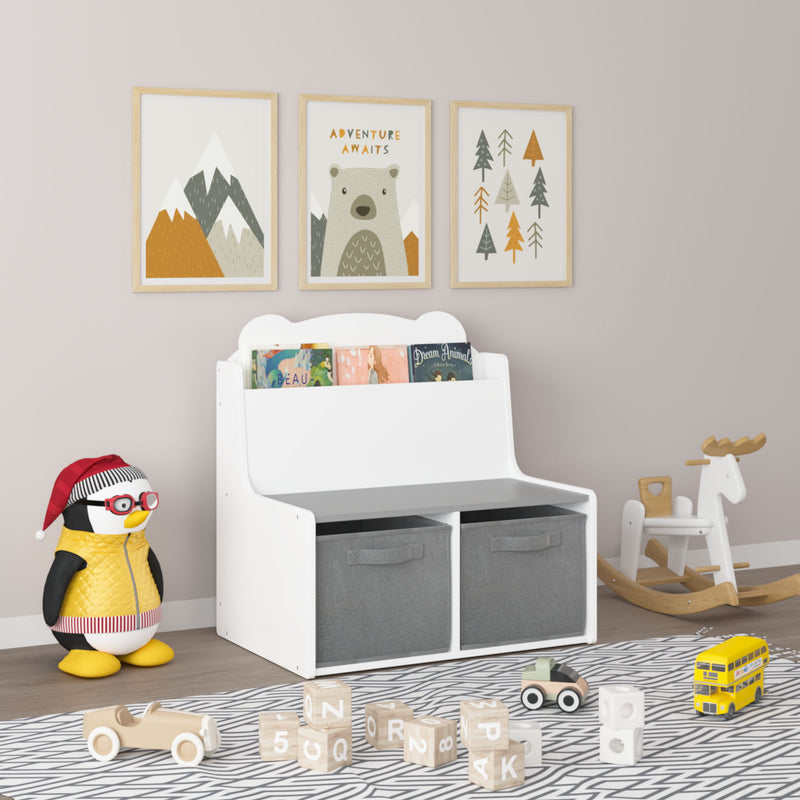 Bookshelf With Storage Bins, Bookcase With Book Display Shelf And 2 Bins, Cute Bear Shaped Backboard, Toy Organizer - White