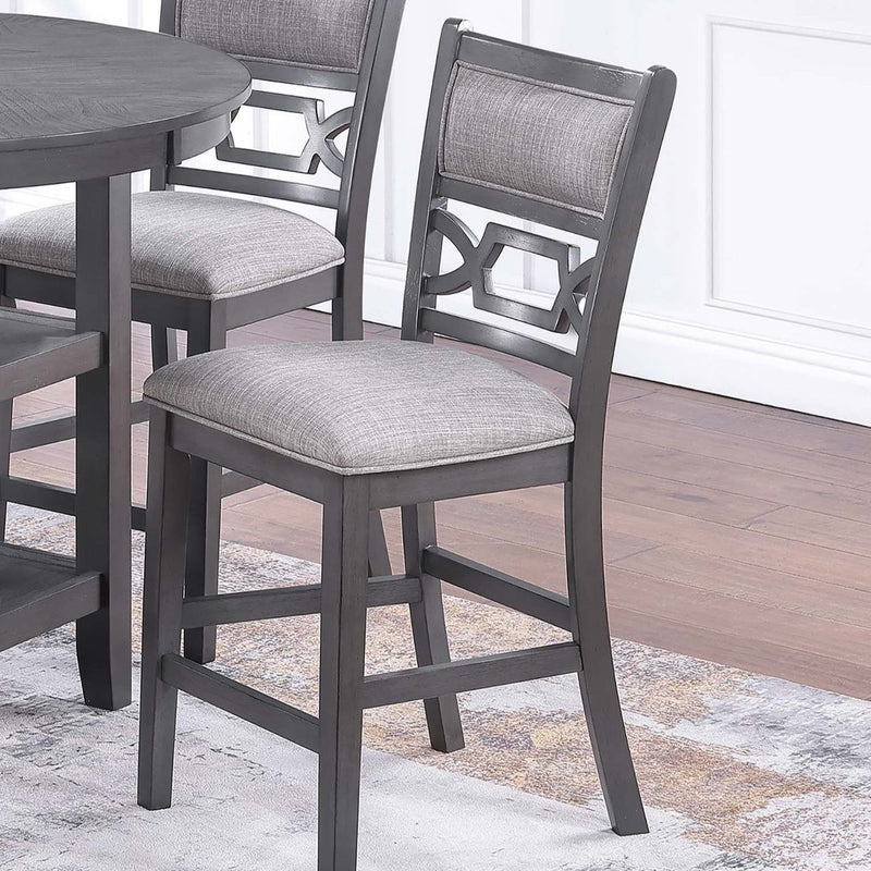 5 Piece Counter Height Dining Set With Storage Shelves Round Table And Upholstered High Chairs - Gray