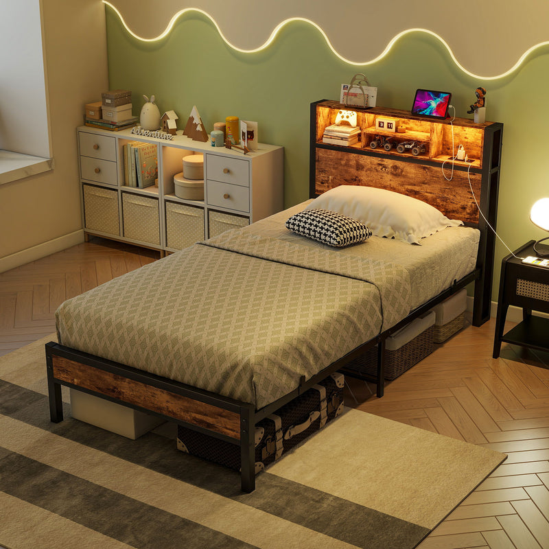 Modern Twin Size Metal Platform Bed Frame With Storage Headboard And Charging Station - Brown
