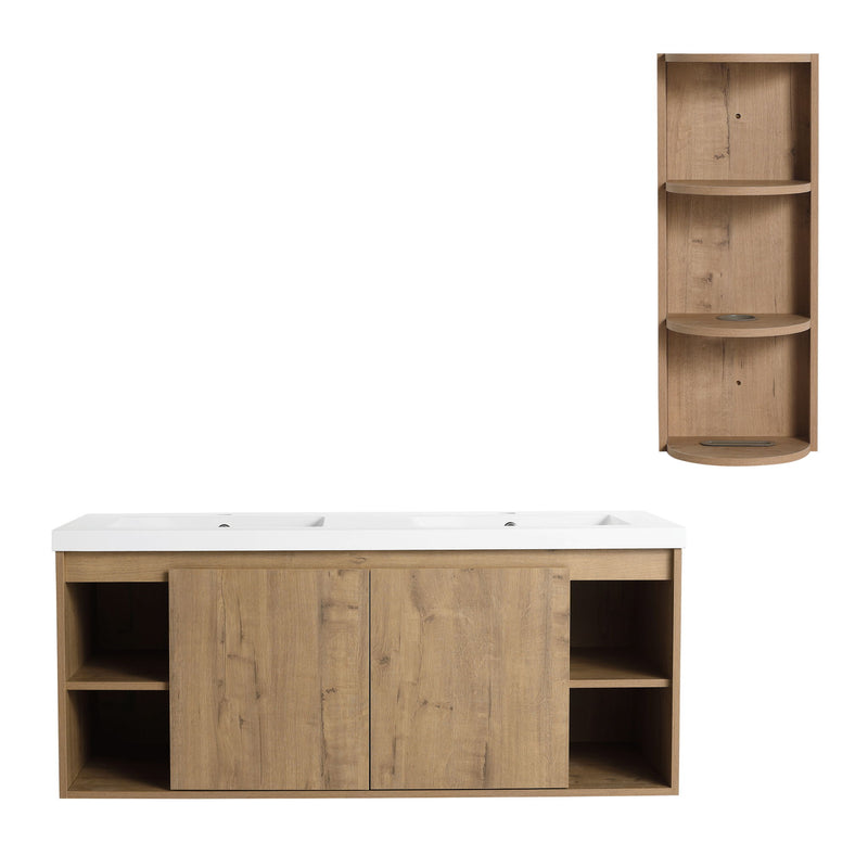 Modern 48" Wall Mounted Bathroom Vanity With Double Resin Sink And Storage Rack Soft Close Doors - Imitative Oak