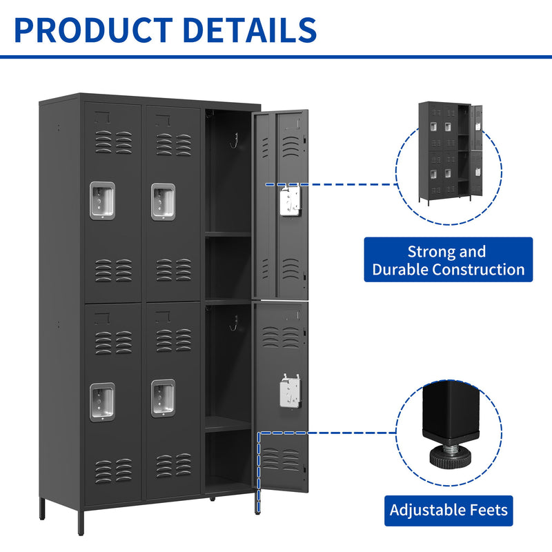 6 Door Lockers With Lock For Secure Storage - Black