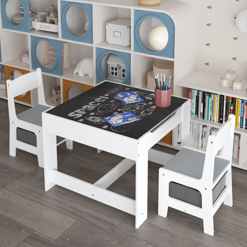 Kids Table And Chair Set, 3 In 1 Activity Table With Storage Drawer For Toddlers Drawing, Reading, Crafts, 2 In 1 Detachable Top - White