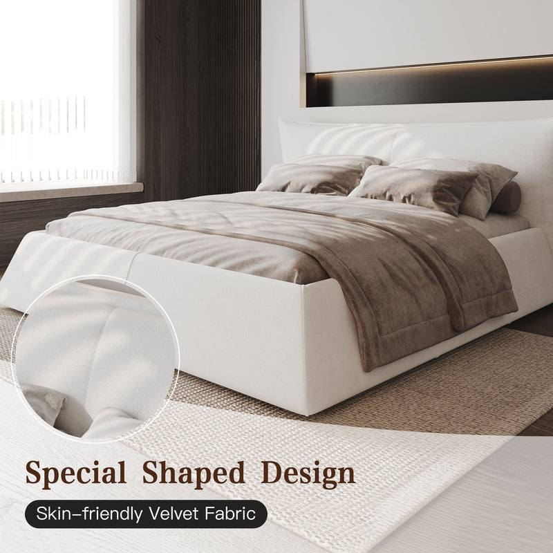 King Size Platform Bed With Special-Shaped Headboard - Cream