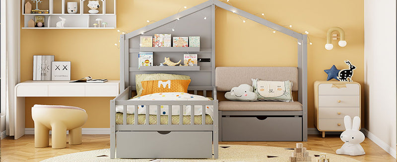 House Bed With Upholstered Sofa, Wireless Charging Station, Shelves And 2 Drawers