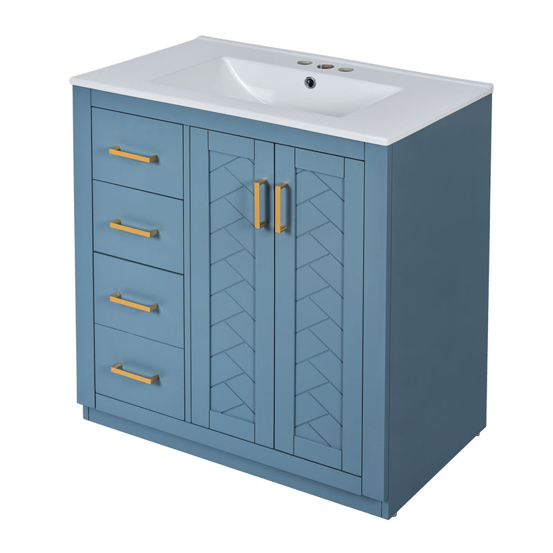 Ceramic Sink Combo, Freestanding Vanity Set With 3 Drawers & Soft Closing Doors