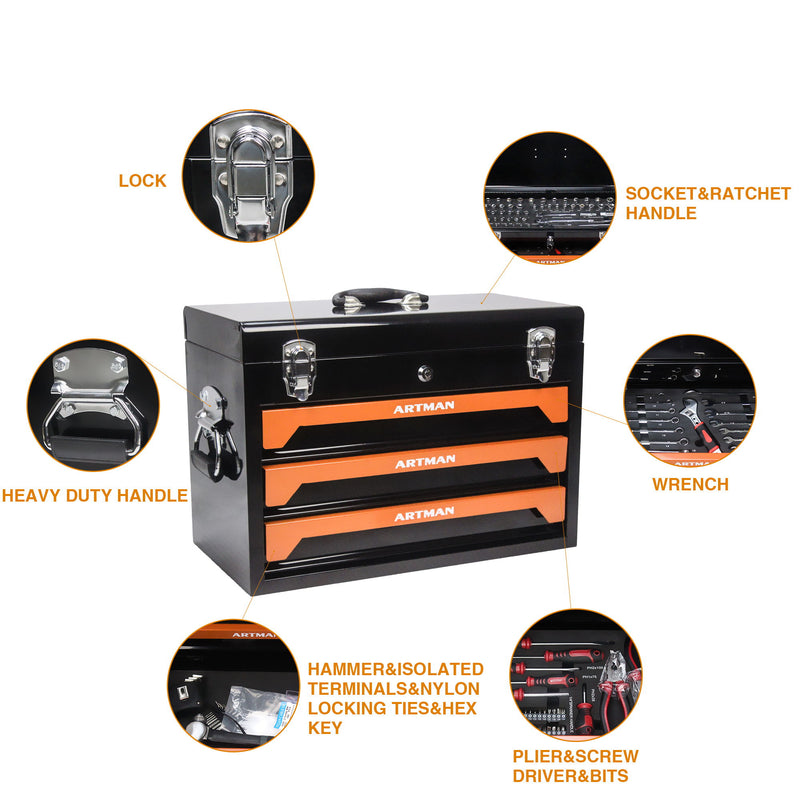 Portable 3 Drawer Steel Toolbox, 4 Layers Of Tools With Metal Latches, With Storage Tray And Carrying Handle