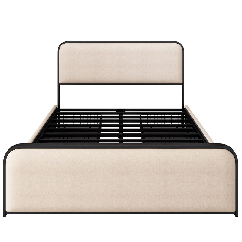 Modern Bed With Curved Upholstered Headboard And Footboard, Heavy Duty Metal Slats