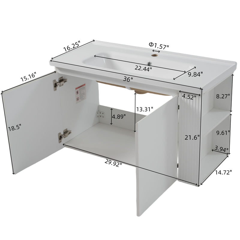 Wall Mounted Bathroom Vanity With Sink, 2 Open Shelves - White
