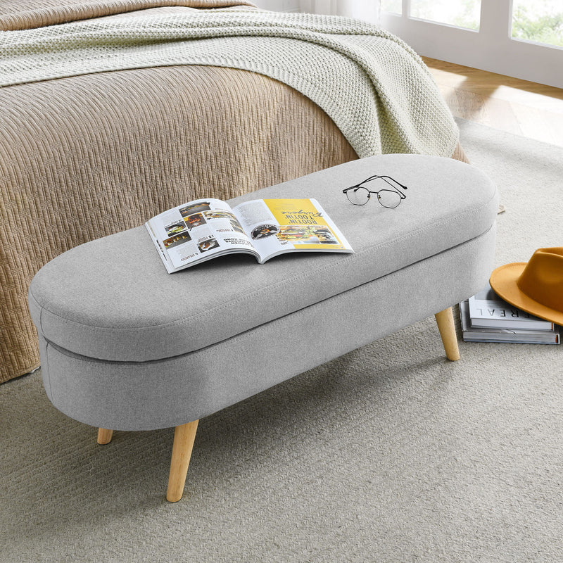 Ottoman Oval Storage Bench With Rubber Wood Legs Linen - Gray